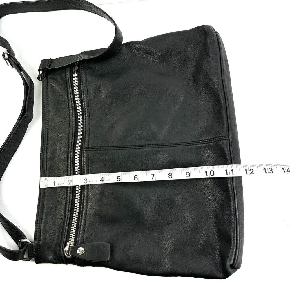 Margot Crossbody Bag Double Zip Black Leather Handbag Silver Accent‎ Purse